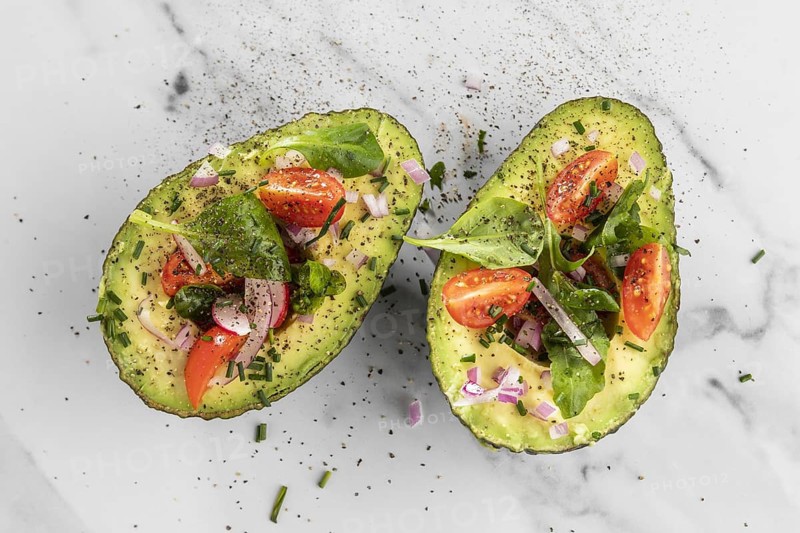 Flat lay delicious healthy salad avocado composition