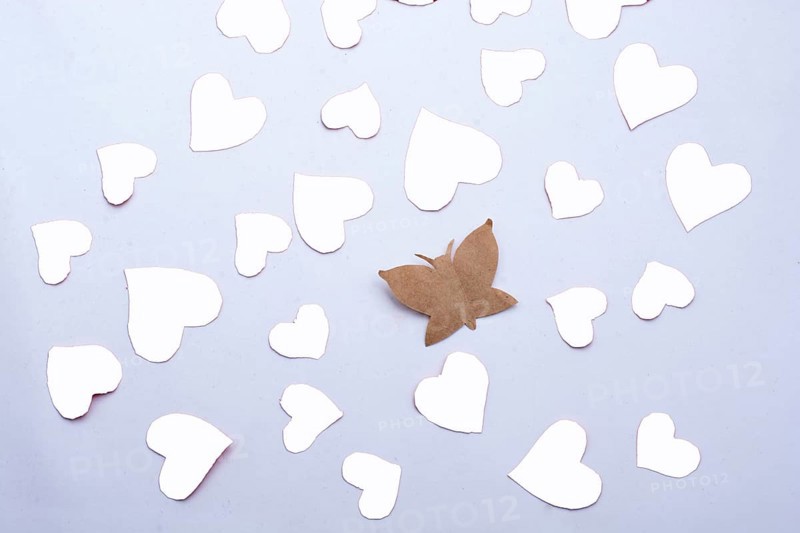Paper butterfly and paper hearts in red color