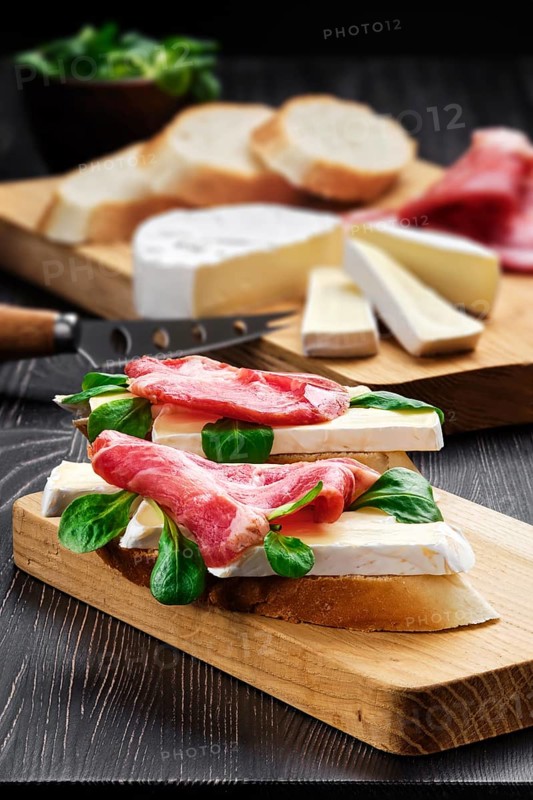 Sandwich with camembert cheese and smoked bacon