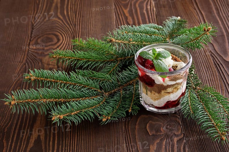 Delicious tiramisu dessert with cherry in rustic pot on dark wooden background