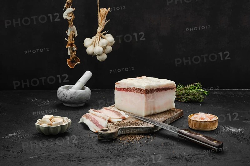 Salted pork belly lard on cutting board
