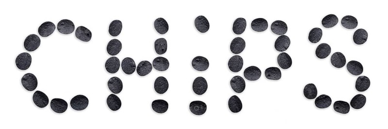 Inscription potato chips made of black chips isolated on white