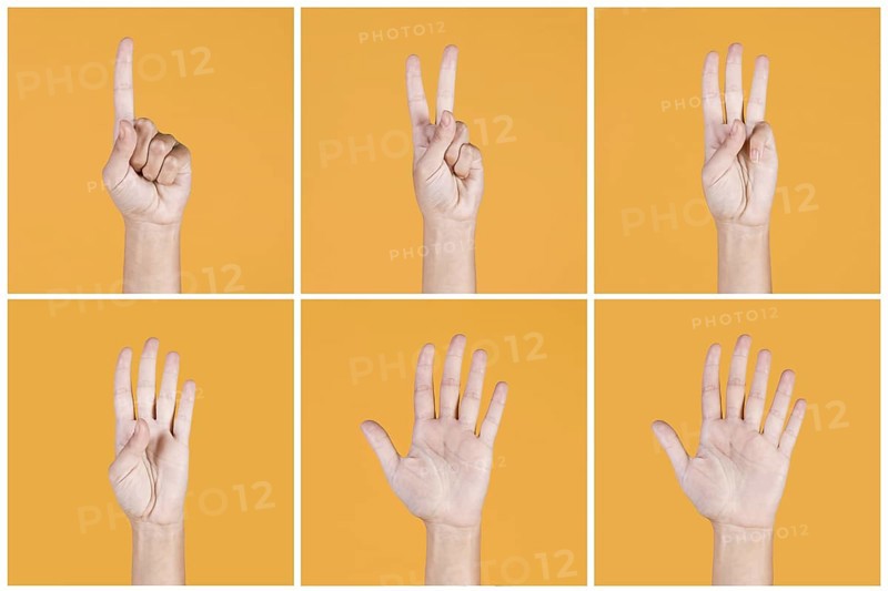 Collage one five fingers count signs yellow backdrop