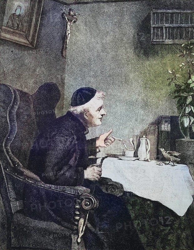 Priest sitting at the table and has caught a bird picking up the cake crumbs