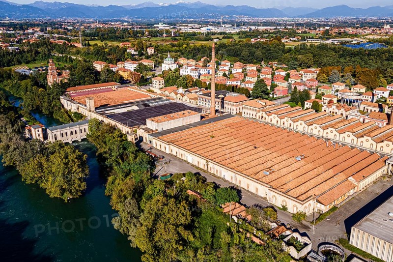 Aerial of the Unesco world heritage site "company town". Crespi dÂ´Adda