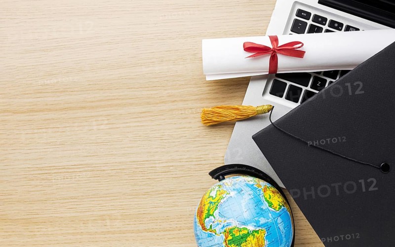 Top view globe with academic cap laptop. Resolution and high quality beautiful photo