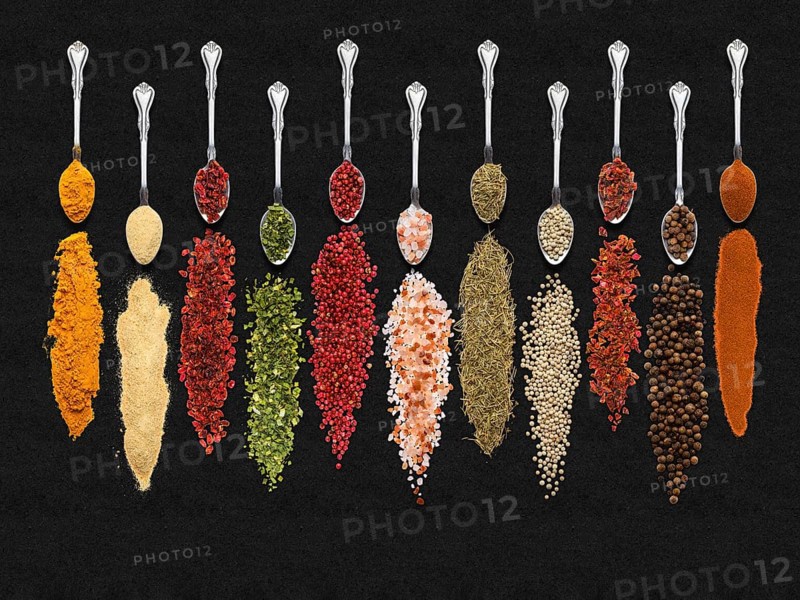 Various seasonings and herbs in spoons on dark background