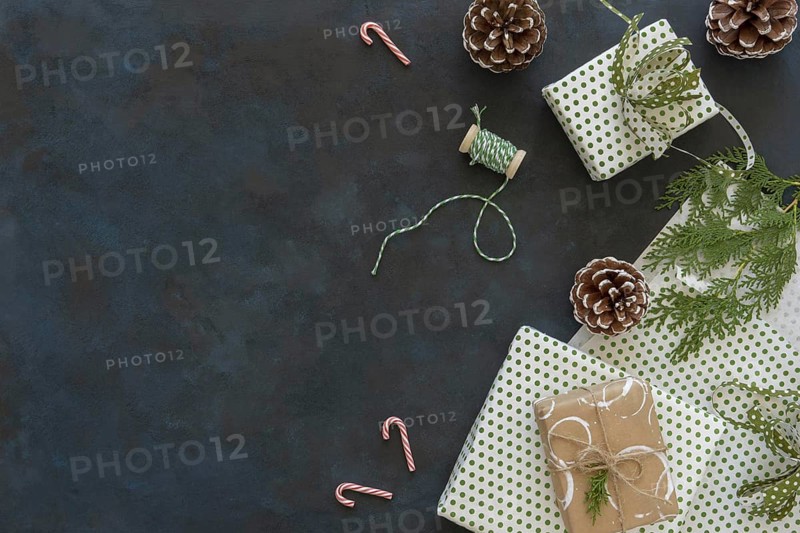 Top view christmas gifts with pine cones copy space. Resolution and high quality beautiful photo