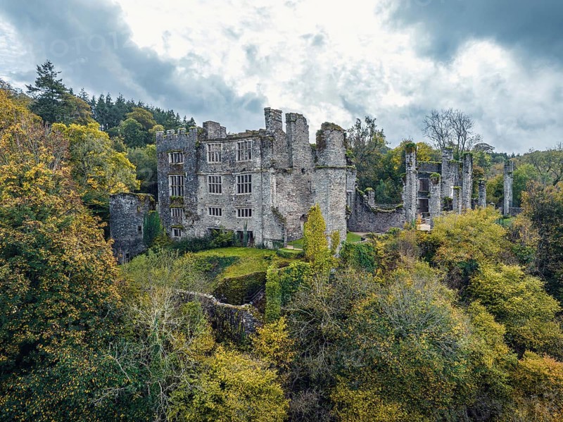 Autumn over Berry Pomeroy Castle from a drone