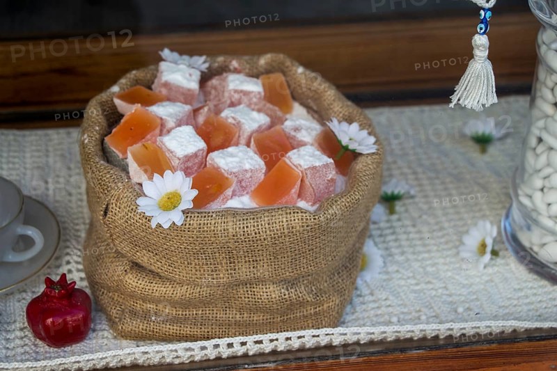 Delicious Turkish delight placed in a linen sack