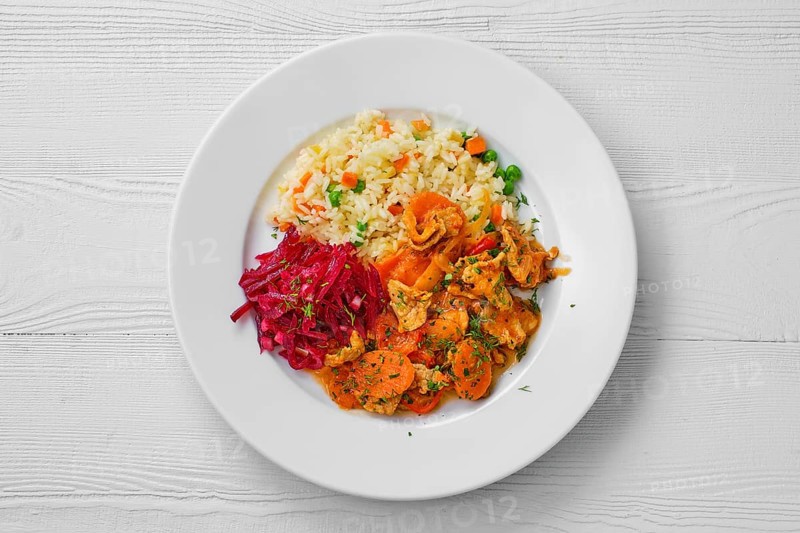 Top view of plate with beef goulash