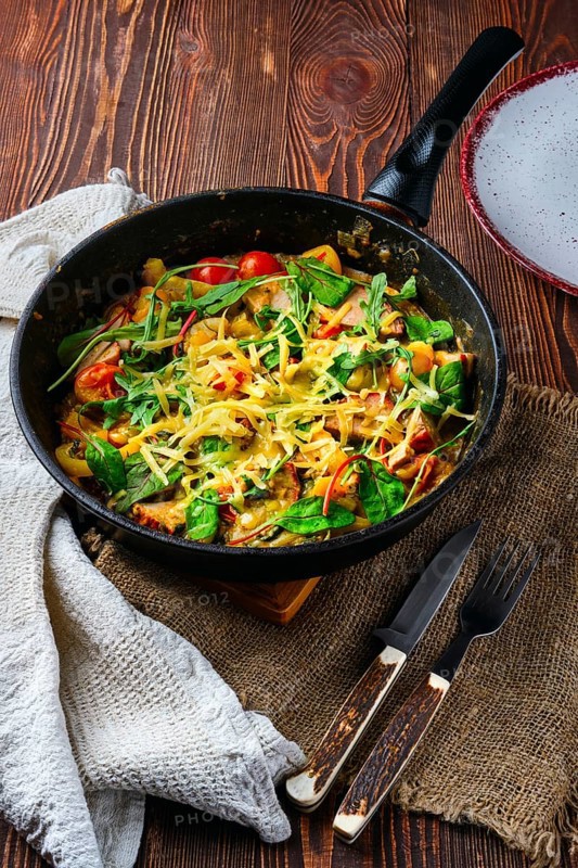 Beef and vegetables stir fry in pan on wooden table