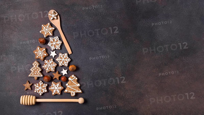 Top view christmas tree shape made gingerbread cookies kitchen utensils with copy space. Resolution and high quality beautiful photo
