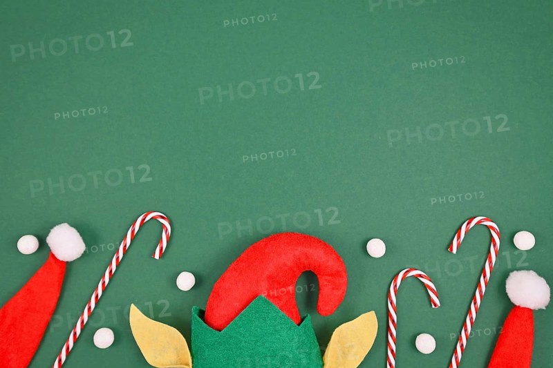 Seasonal flat lay with Christmas elf hat and ears