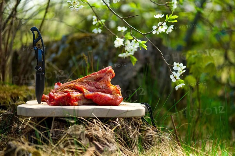 Fresh pork ribs with salt and pepper on cutting board outdoor. Selective focus photo