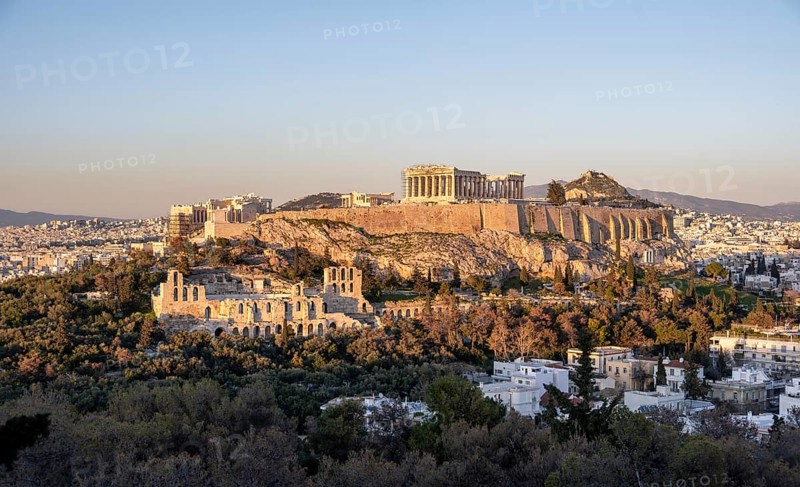 View from Philopappos Hill over the city at sunset