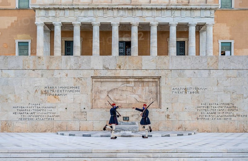 Detachment of the Presidential Guard Evzones in front of the Monument to the Unknown Soldier near the Greek Parliament