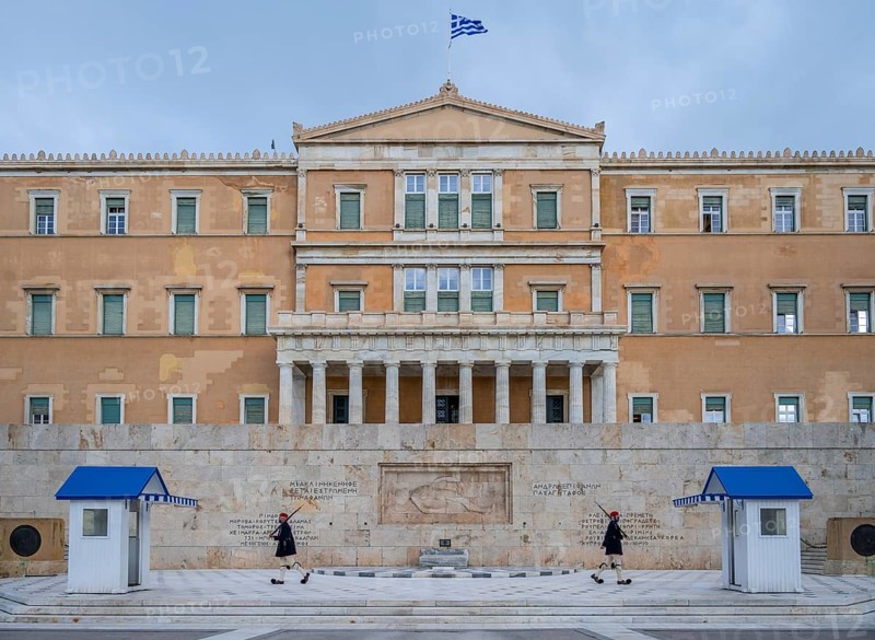 Detachment of the Presidential Guard Evzones in front of the Monument to the Unknown Soldier near the Greek Parliament