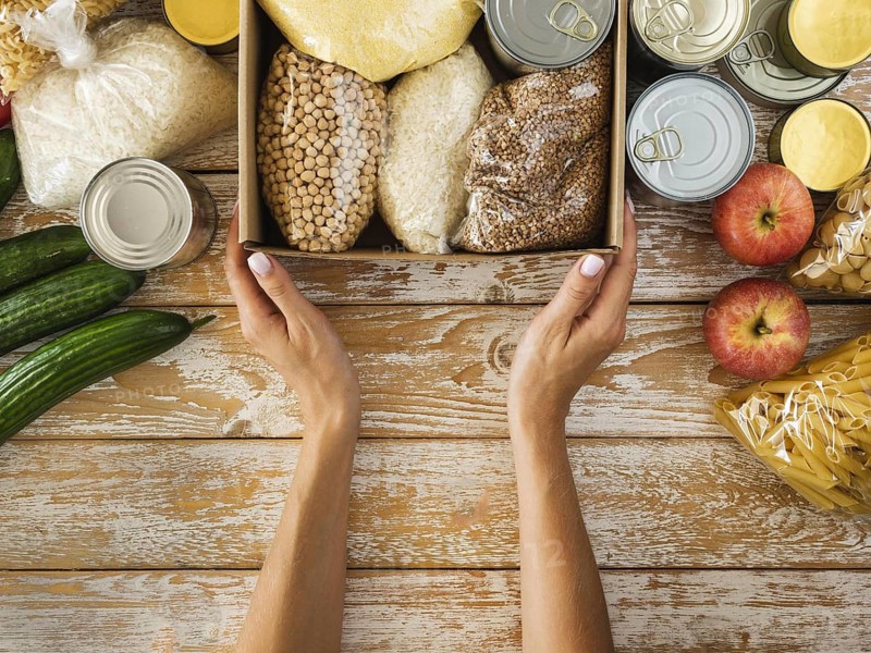 Top view box with food donation hands 1. Resolution and high quality beautiful photo