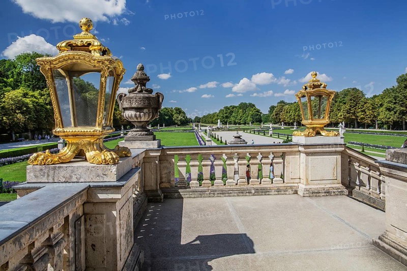 Staircase at the palace with view to the baroque garden parterre in the palace park