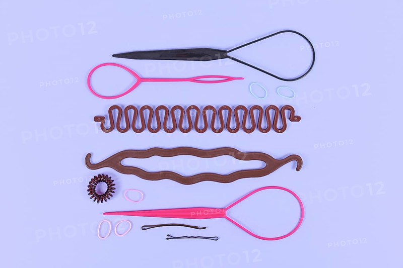 Various hair styling tools like bun maker