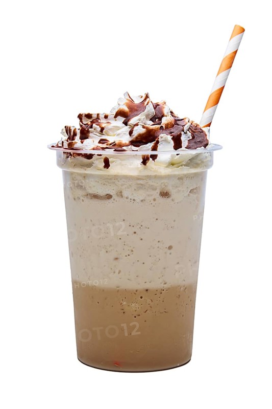 Cappuccino with whipped cream and syryp in take away plactic glass