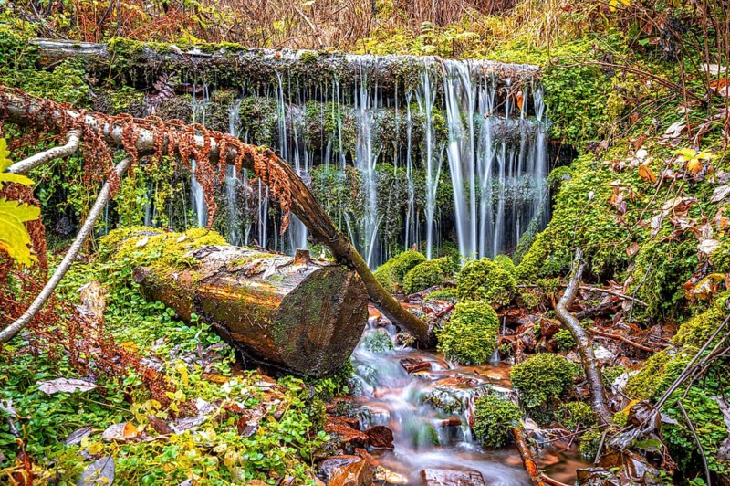 Long exposure of a small stream with a small waterfall in the Schoenjungferngrund in the Erzgebirge below the Fichtelberg