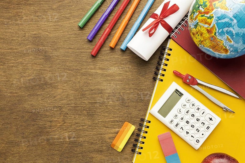 Top view notebook with school supplies copy space. Resolution and high quality beautiful photo