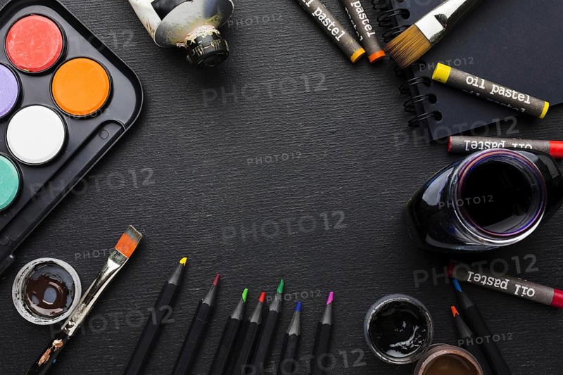 Top view various brushes crayons. Resolution and high quality beautiful photo