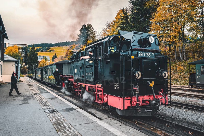 The narrow-gauge railway Fichtelbergbahn shortly in front of the start in Oberwiesenthal at the station