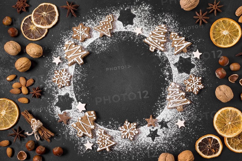 Top view gingerbread cookies wreath with dried citrus nuts. Resolution and high quality beautiful photo