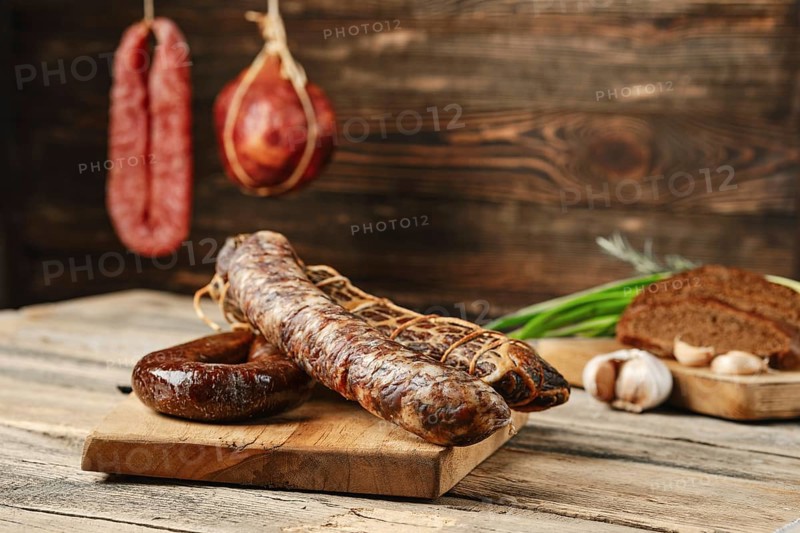 Air dried beef meat and pork sausage on wooden cutting board