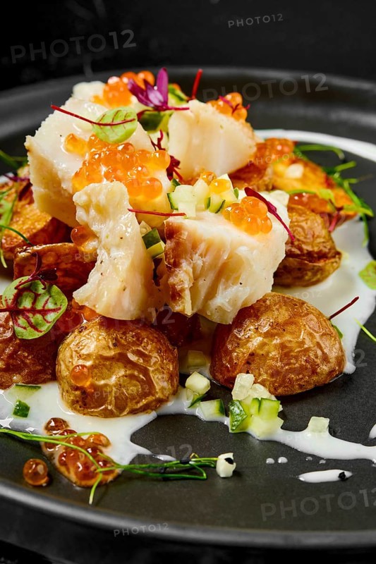 Roasted cod fillet with deep fried spring potato