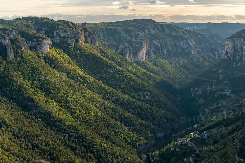 View of the Gorges de la Jonte and the village of Le Truel in the Cevennes National Park. Aveyron