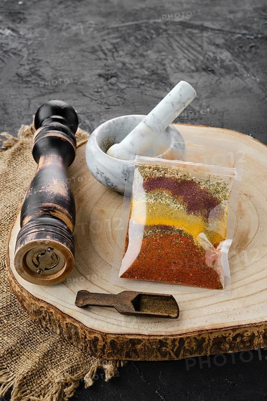 Mixture of different spices in plastic packaging