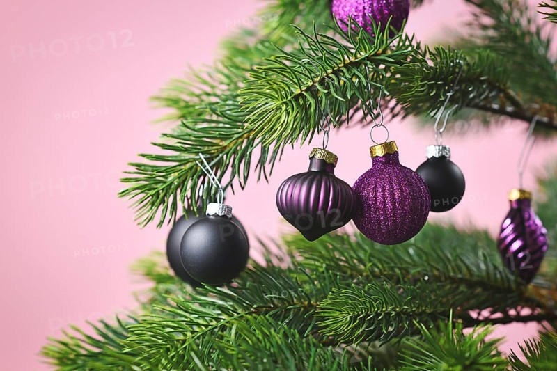 Close up of beautiful purple glass tree bauble with violet and black decorated Christmas on light pink background