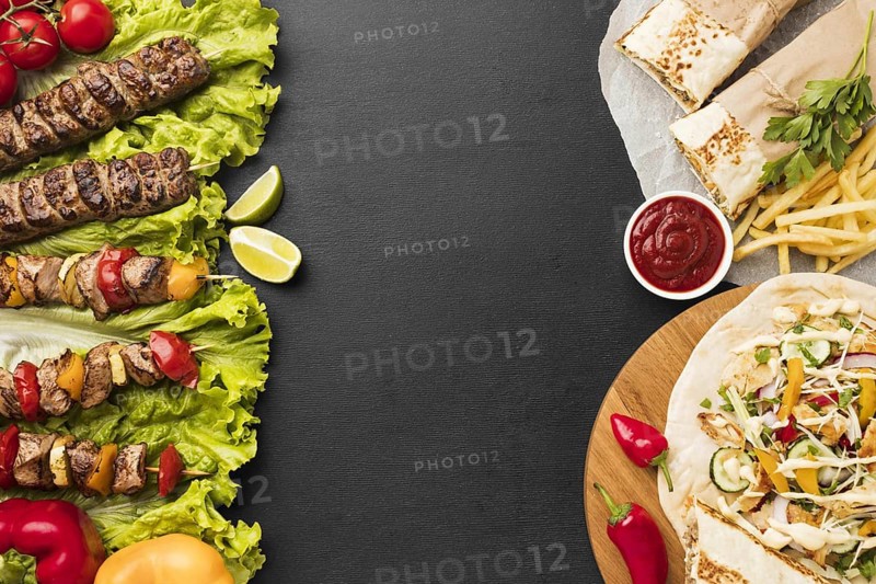 Top view delicious kebab with french fries ketchup. Resolution and high quality beautiful photo