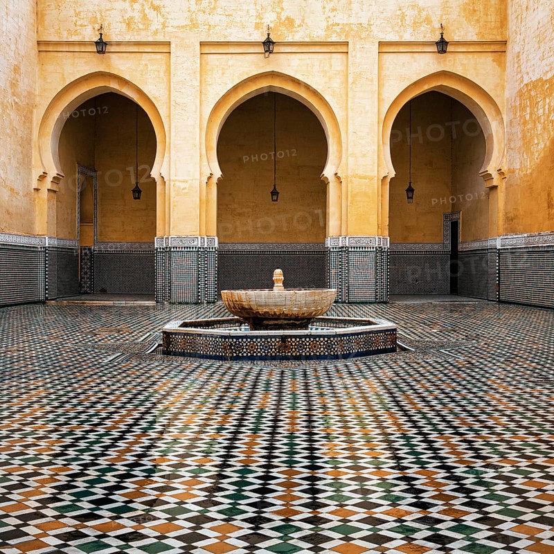 Fountain in front of arcades in the courtyard