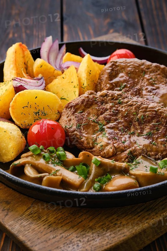 Close up view of pan with fried pork fillet