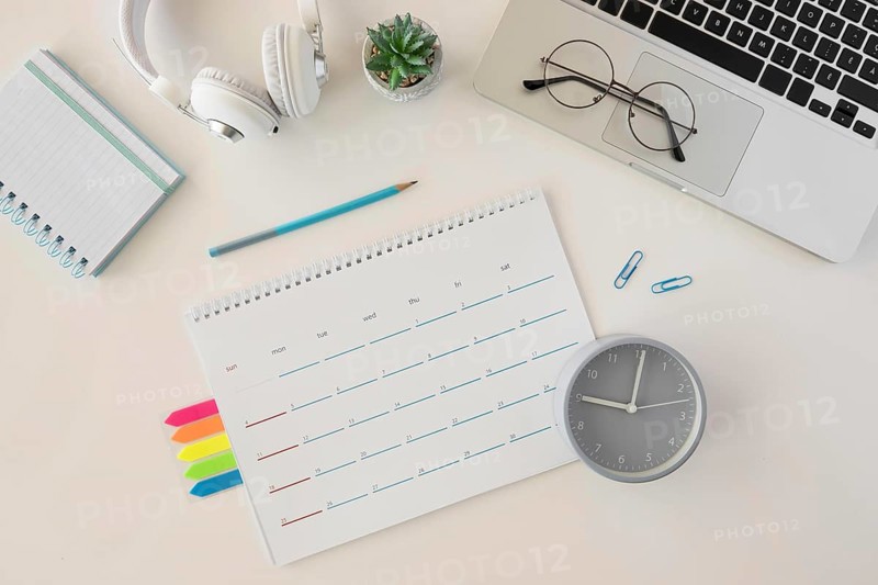 Top view desk calendar laptop. Resolution and high quality beautiful photo