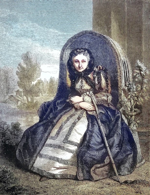 Young woman in the disguise of an old woman in an armchair in the garden