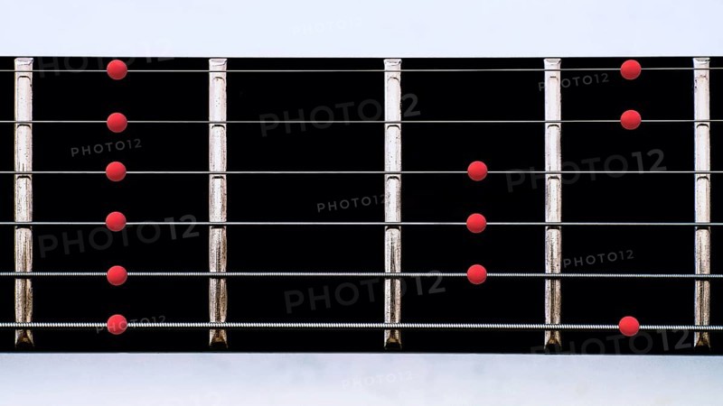 Close-up guitar neck with fingering pentatonic scale