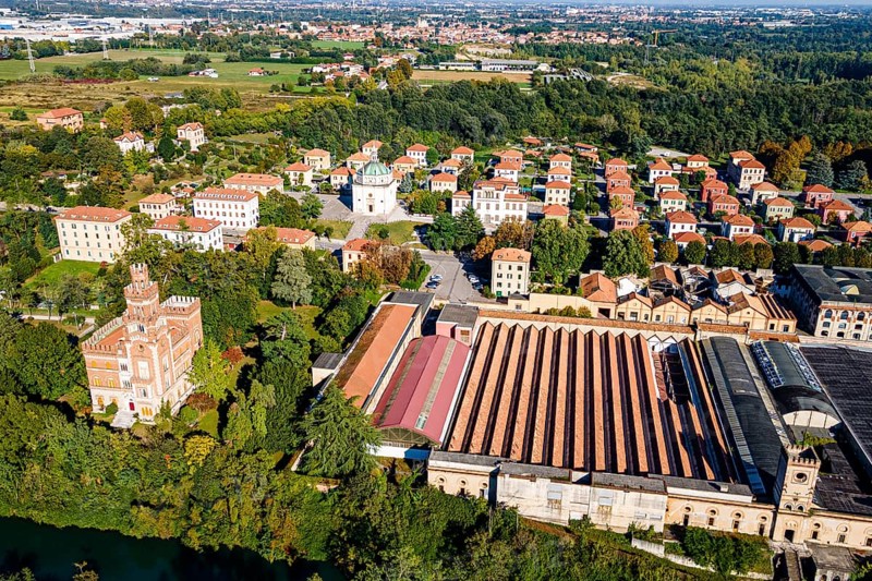 Aerial of the Unesco world heritage site "company town". Crespi dÂ´Adda