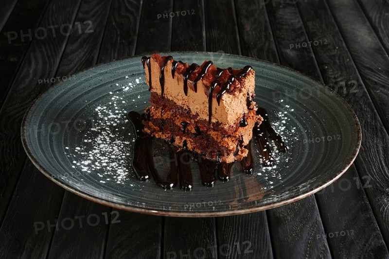 Piece of puffy chocolate cake and souffle