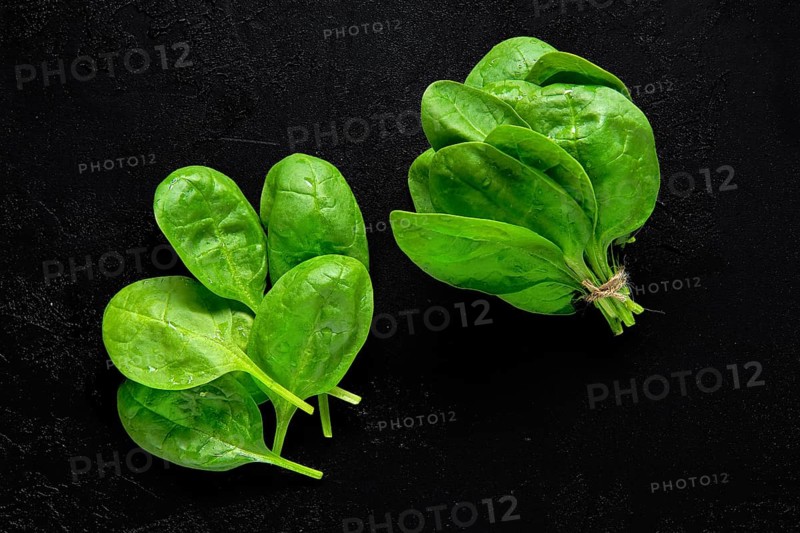 Fresh green baby spinach leaves on abstract black background
