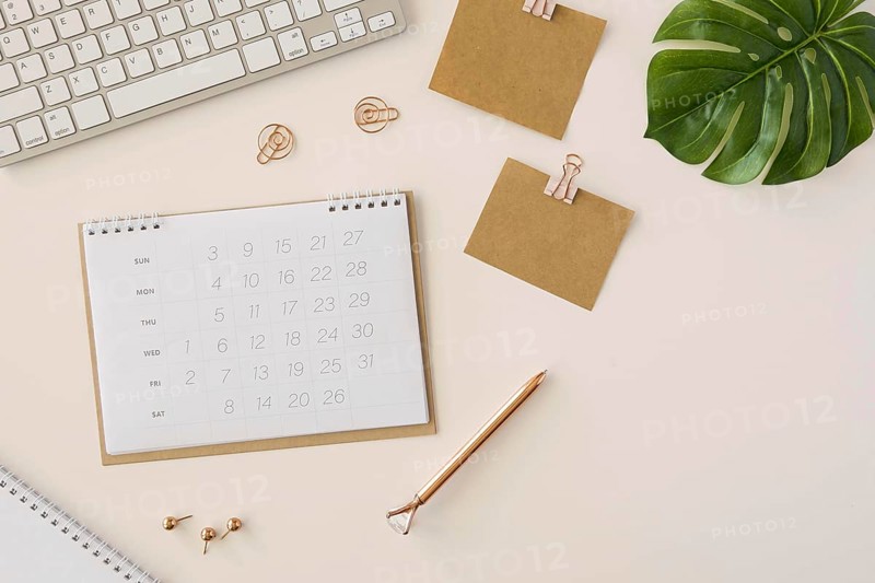 Flat lay desk calendar with monstera leaf