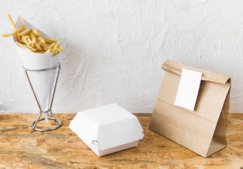 French fries food parcel mock up wooden table top