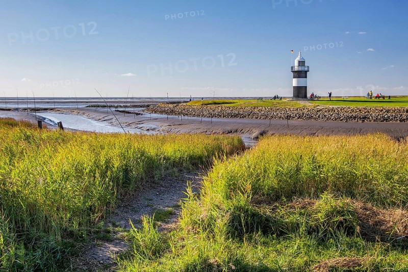 Tidal creek with lighthouse Kleiner Preusse on the Wadden Sea at the mouth of the Weser