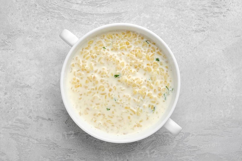 Top view of lean bulgur porridge in a bowl