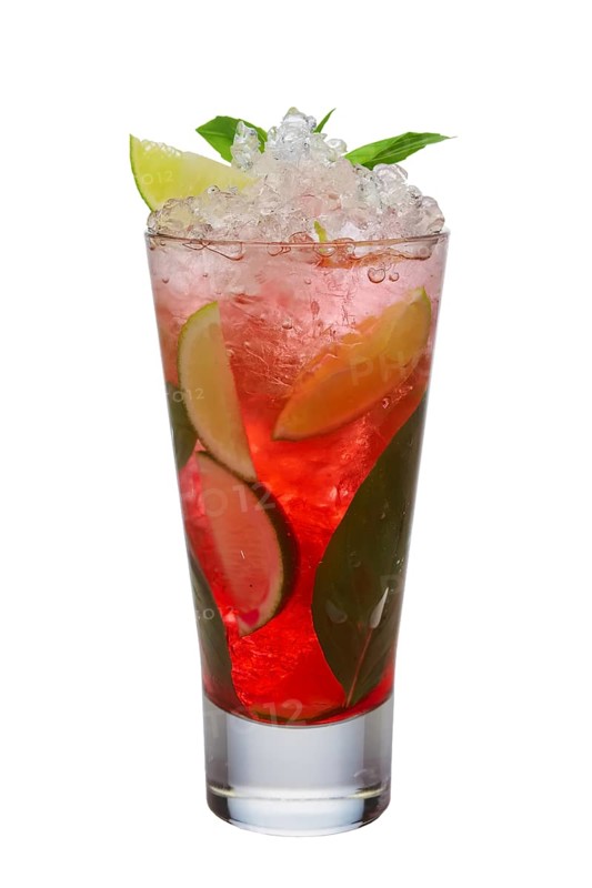 Black currant ice cocktail with lime and mint isolated on white background
